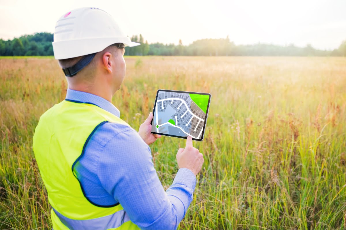 A person in a safety vest and hard hat stands in a field looking at a tablet showing a map with building plans, preparing for land clearing.