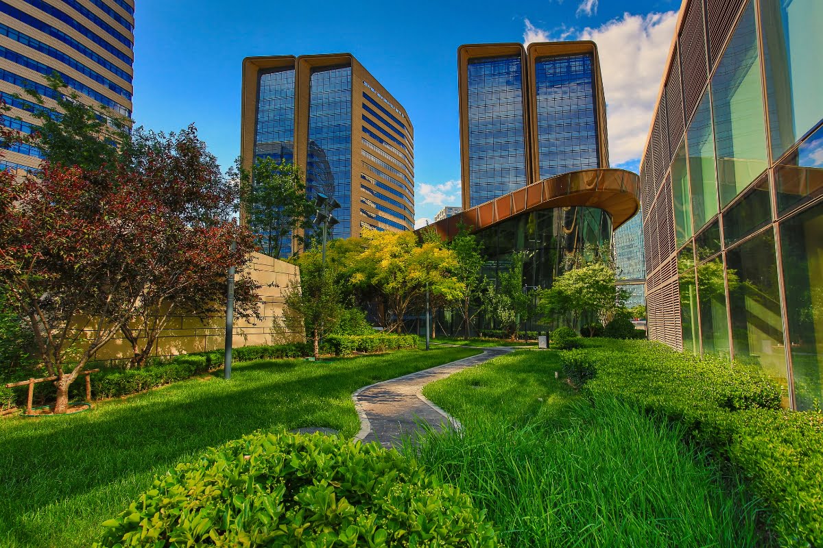 A lush green garden with a curved pathway, meticulously maintained after land clearing, is surrounded by modern glass buildings under a clear blue sky.