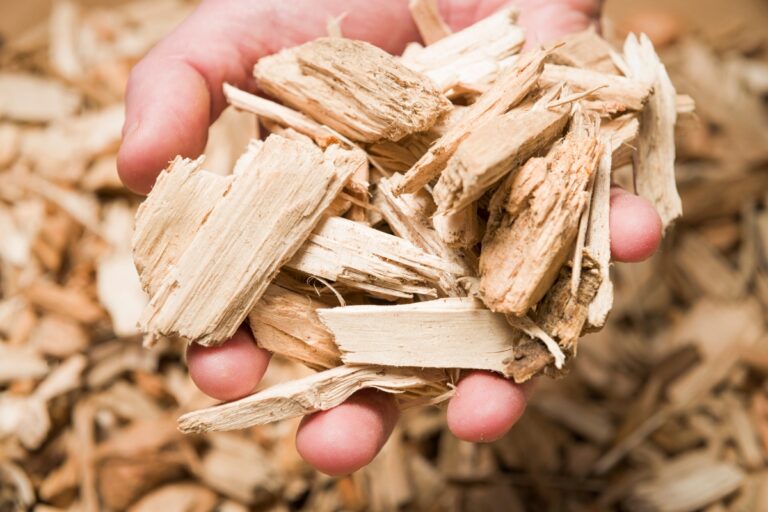 A hand holding a pile of wood chips with more wood chips in the background showcases the results of efficient wood chipping.