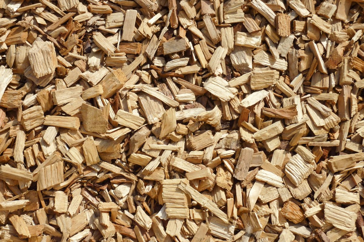 Close-up image of a large pile of light brown wood chips, showcasing the meticulous process of wood chipping.