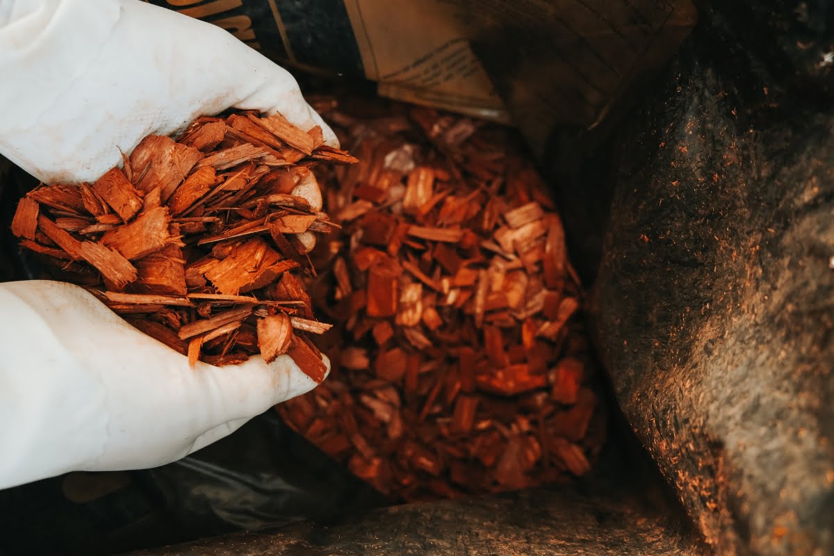 A person wearing white gloves holds a handful of reddish-brown wood chipping above a bag partially filled with similar wood chips.