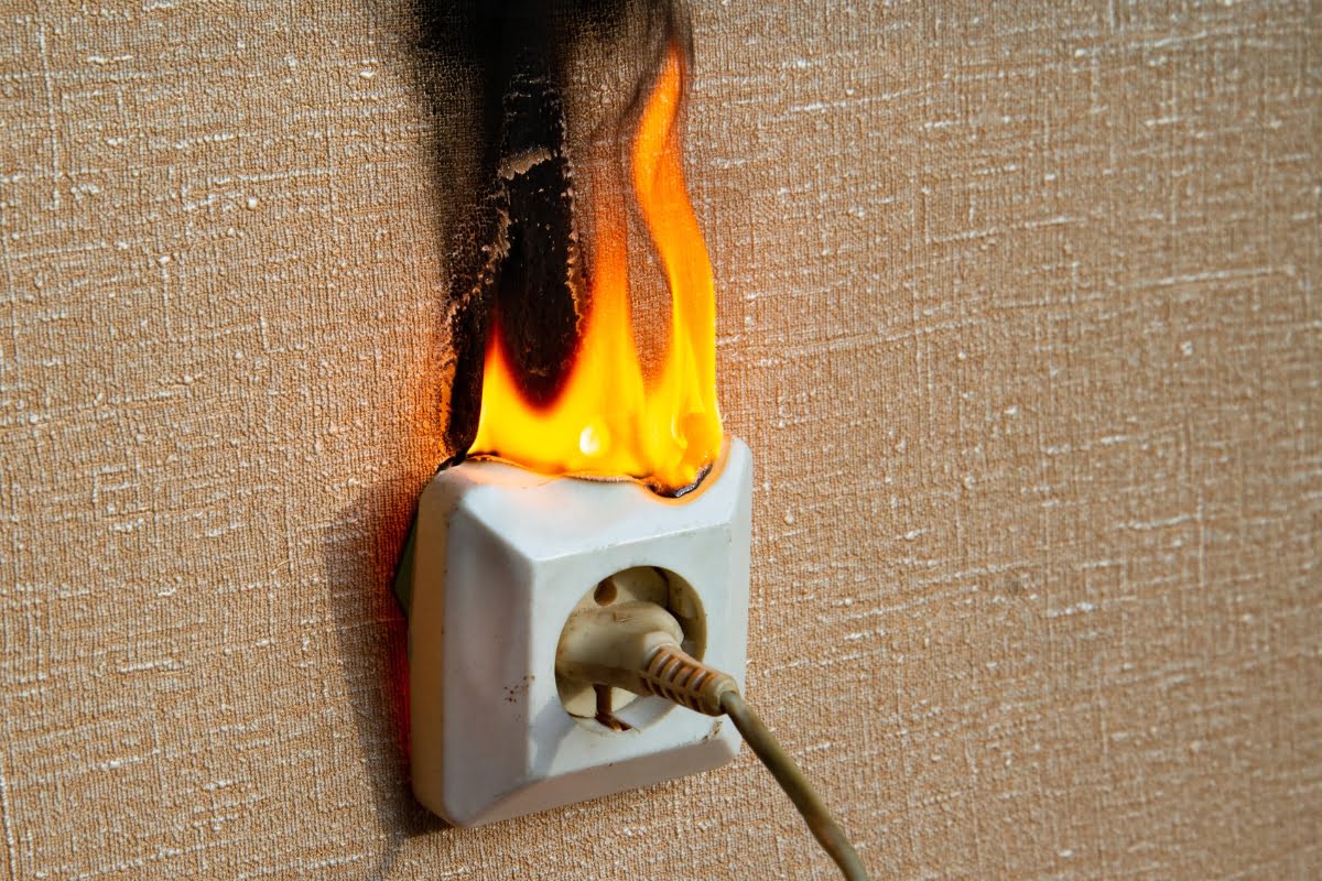 An electrical outlet with a plugged-in appliance is on fire, with flames and burn marks marring the wall around the socket. This can often happen due to power surges; it's crucial to know what to do after a storm to prevent such dangerous situations.