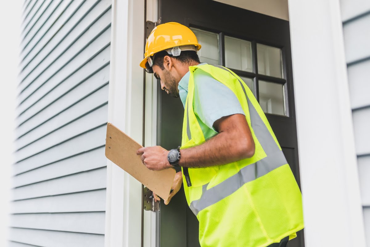 A construction worker in a yellow hard hat and high-visibility vest inspects the interior of a house doorway while holding a clipboard, ensuring storm proofing your home is up to code.