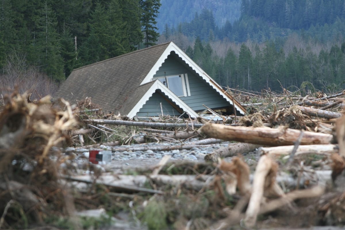 A house is partially buried in debris and fallen trees in a forested area after a landslide, highlighting the storm damage that Georgia has recently endured.