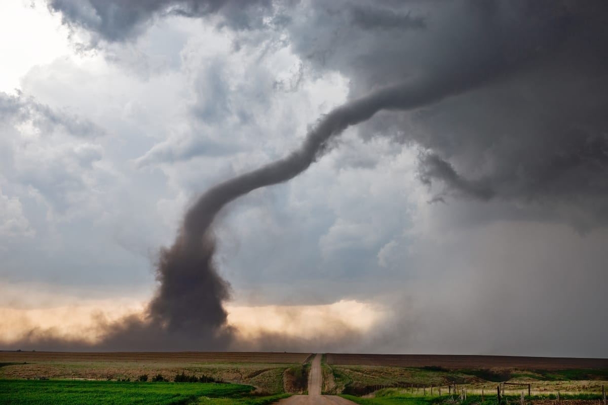 A Georgia tornado sweeps across the rural landscape, leaving storm damage in its wake as a dirt road leads ominously towards it under a cloudy sky.