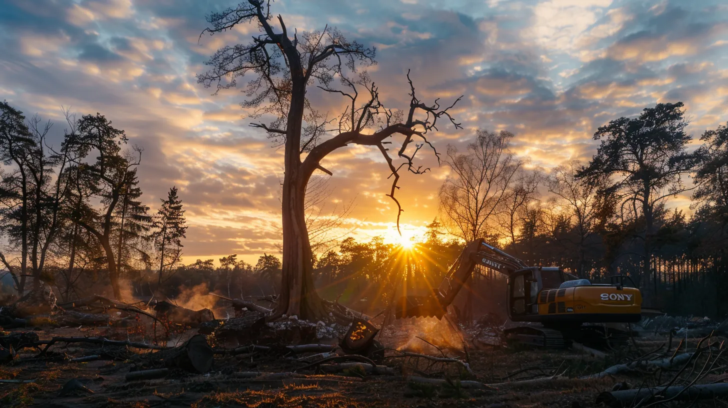 a dramatic scene captures a towering tree being professionally removed by experts using heavy equipment, with a vibrant sunset illuminating the surrounding landscape, showcasing the importance of safety and expertise in diy tree removal.