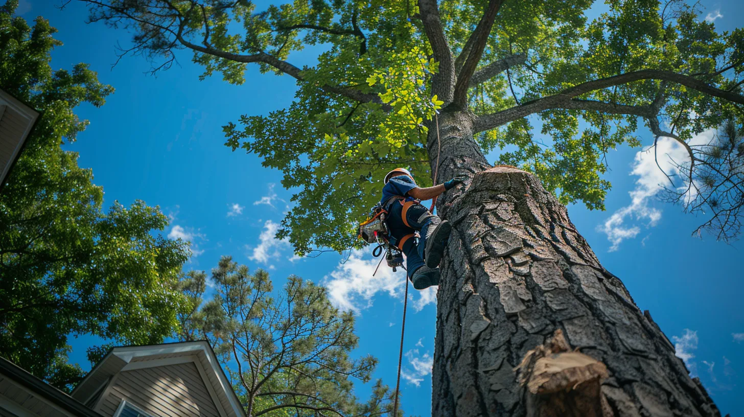 a professional tree removal team operates efficiently in a vibrant marietta, ga neighborhood, showcasing their expertise with towering trees and clear blue skies in the backdrop, captured in sharp detail and natural lighting.
