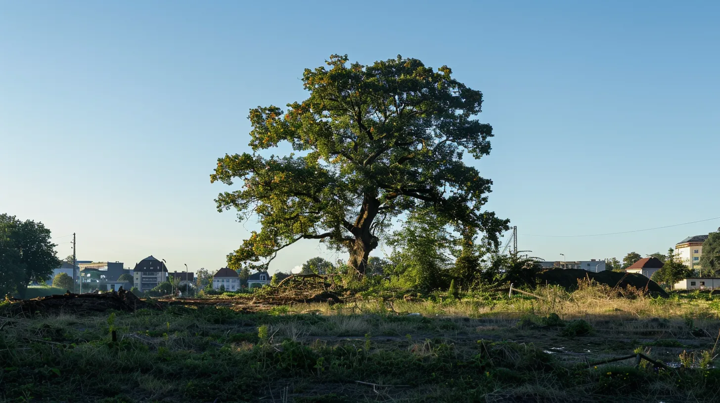 a serene landscape depicting a large, old tree being carefully removed by professionals under a clear blue sky, highlighting the contrast between nature and human intervention in an urban setting.