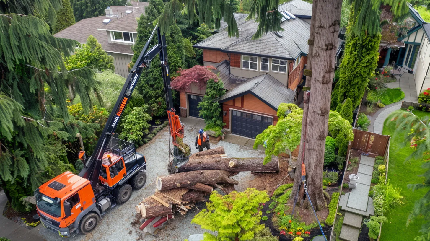 a skilled tree removal expert uses specialized equipment to efficiently and safely take down a towering tree in a residential yard, surrounded by well-maintained greenery under bright daylight.