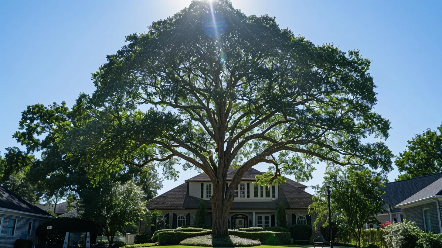 a towering, majestic tree stands in a sunlit marietta yard, its vibrant green leaves contrasting with the clear blue sky, highlighted by a professional tree removal team assessing its health to ensure safety and enhance the landscape's beauty.