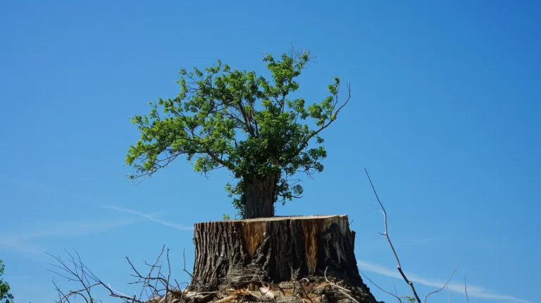 a towering tree stands stark against a clear blue sky, its lush green foliage contrasting with the rugged, freshly cut stump beneath, symbolizing the critical importance of professional tree removal expertise in marietta, ga.