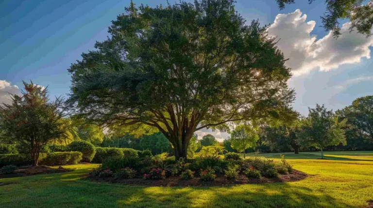 a vibrant, sun-drenched landscape showcases a flourishing tree surrounded by lush greenery, symbolizing the vitality and longevity of nature through expert tree care in acworth, ga.
