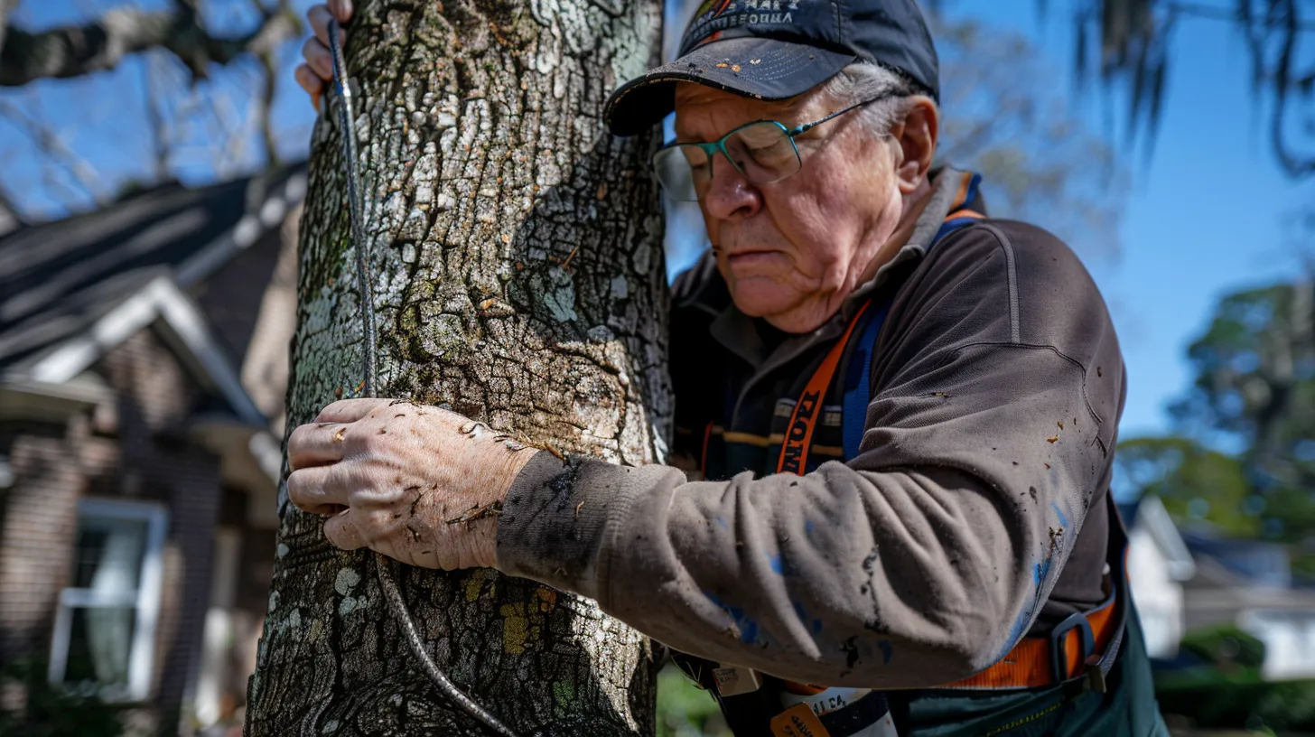 a focused arborist, equipped with professional gear, examines the bark and branches of a towering oak tree in a suburban georgia neighborhood, with well-maintained homes lining the background under a clear blue sky.