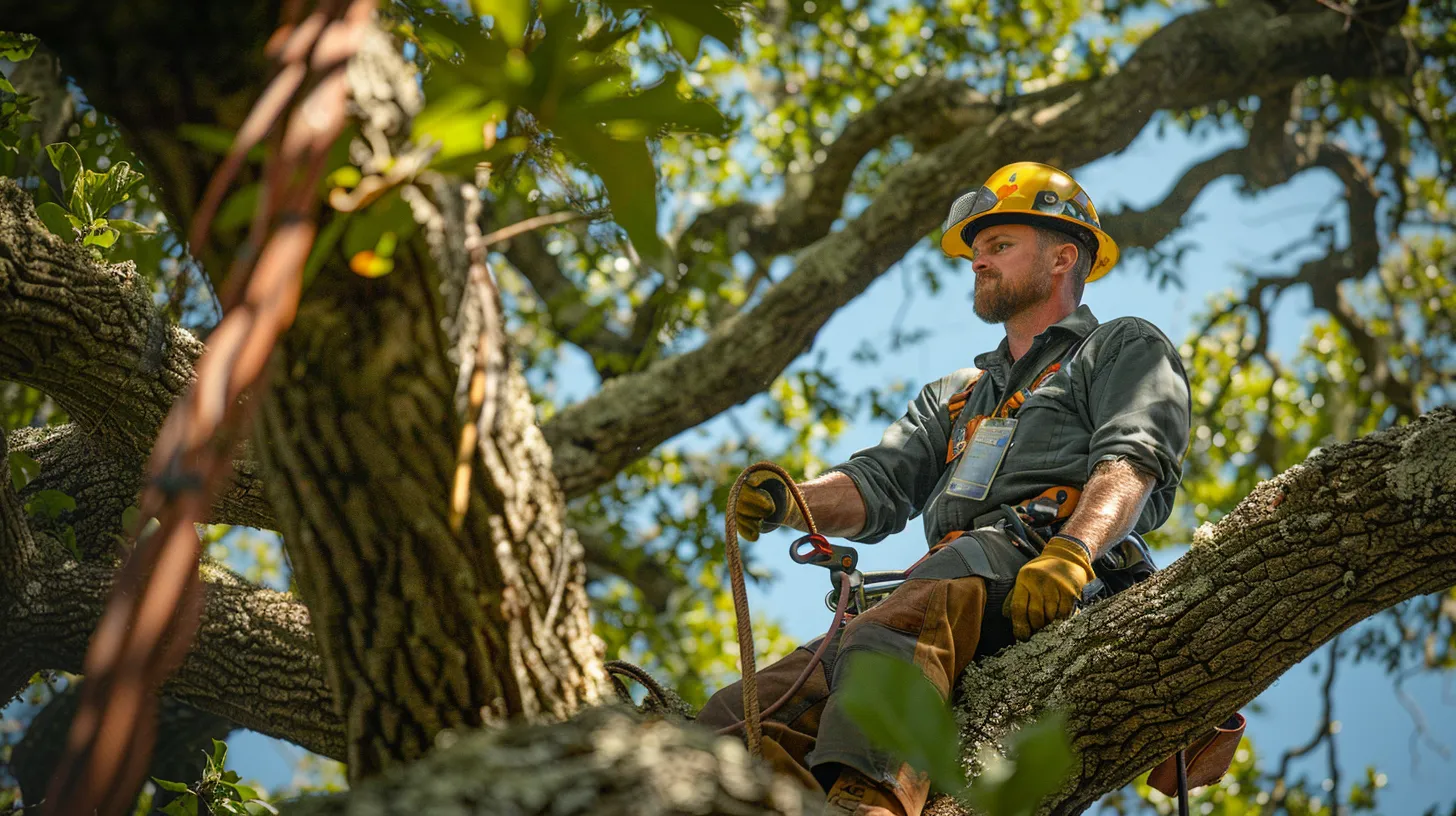 a focused arborist, equipped with diagnostic tools, inspects the vibrant foliage of a large oak tree in a well-maintained suburban georgia yard, emphasizing the precision and care involved in tree health assessment.