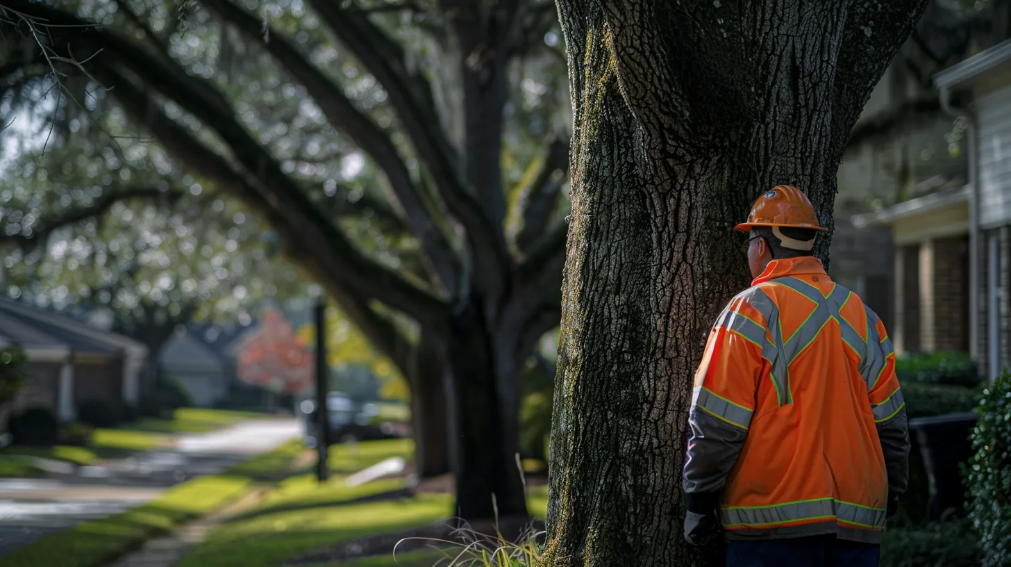 a focused arborist in a vibrant safety jacket examines a towering oak tree in a suburban georgia yard, meticulously checking for signs of disease against a backdrop of manicured lawns and contemporary homes.