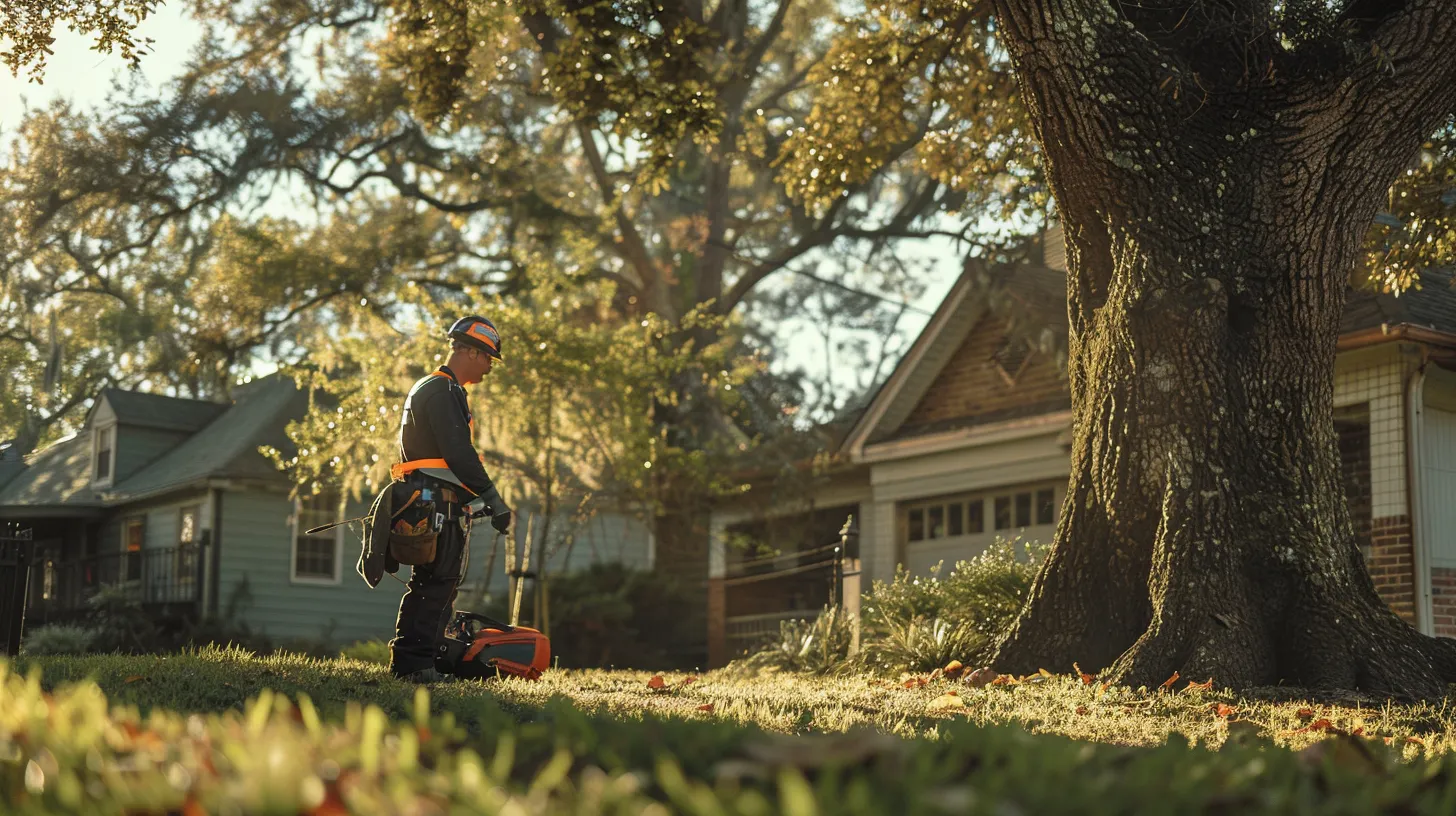 a skilled arborist, clad in safety gear, carefully examines the trunk of a large oak tree in a suburban georgia yard, with suburban homes and manicured lawns visible in the background.