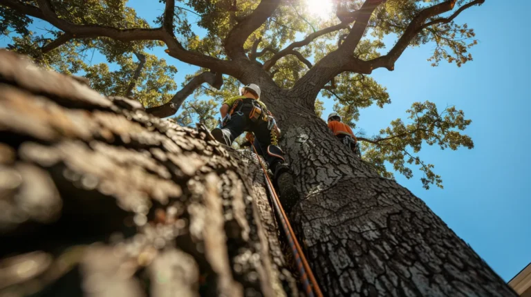a team of arborists in safety gear meticulously examines the trunk of a towering oak tree, surrounded by well-maintained suburban homes, under the clear blue sky of georgia.