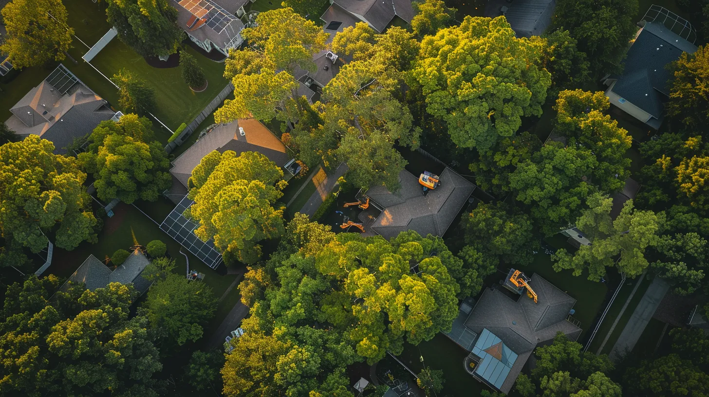 a team of arborists meticulously examines the health of towering trees in a well-kept suburban georgia backyard, surrounded by neatly trimmed hedges and residential homes, showcasing the blend of expertise and community care.