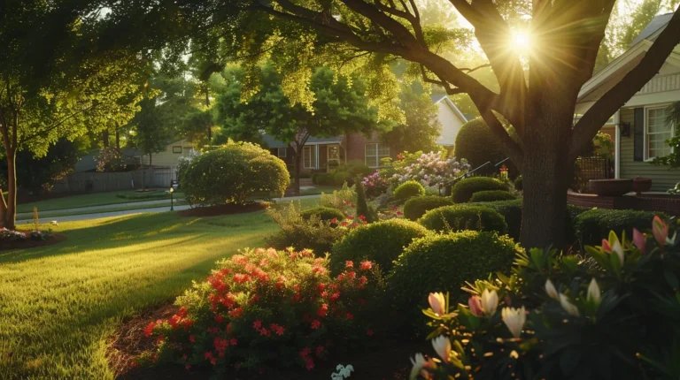 a vibrant spring scene showcases meticulously trimmed bushes and flowering plants in the lush, inviting yards of suburban georgia, illuminated by warm sunlight filtering through the verdant trees.