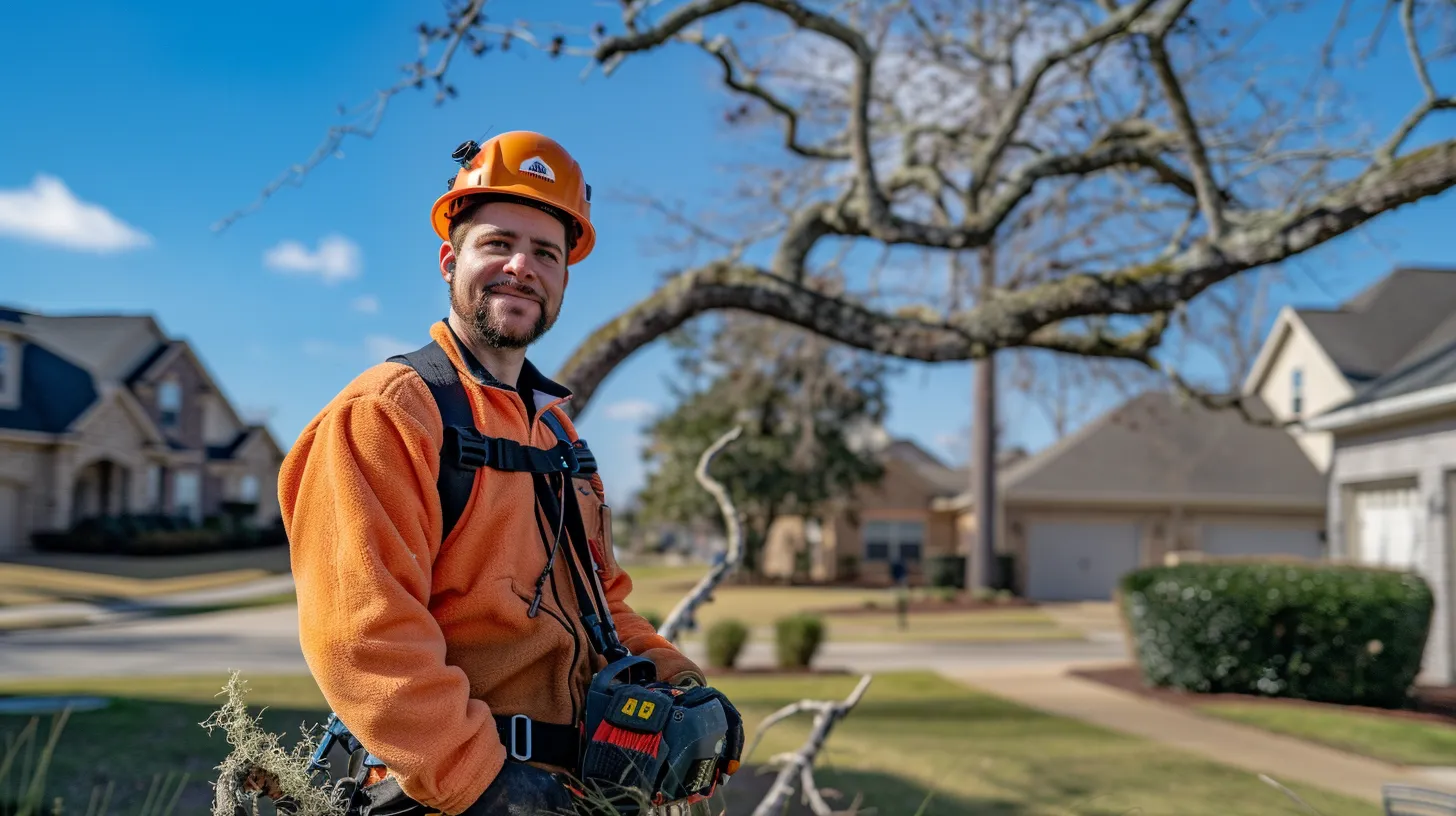 an arborist in safety gear meticulously inspects the branches of a mature oak tree in a suburban georgia yard, with a clear blue sky and residential homes in the background.