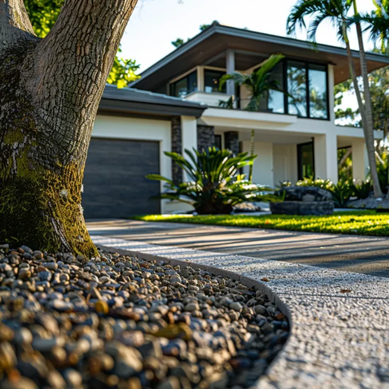 a close-up view of a well-maintained driveway bordered by reinforced concrete, showcasing tree root barriers installed beneath the surface to prevent damage, with a sleek, modern home in the background.