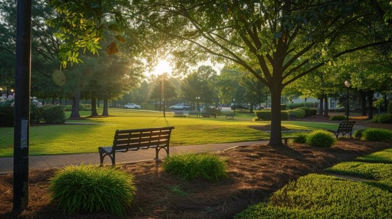 a vibrant urban landscape showcases a meticulously landscaped park in cartersville, ga, featuring an array of carefully selected tree species that enhance the aesthetic appeal of the city environment.