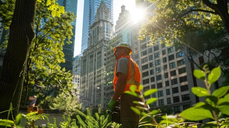 a focused professional arborist assesses tree health in a bustling urban park, surrounded by towering buildings, showcasing the importance of expert tree care in an urban environment.