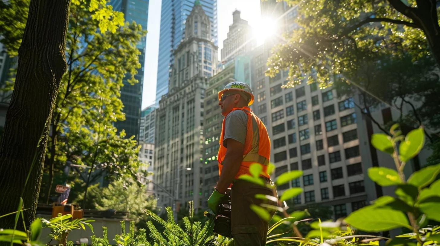 a focused professional arborist assesses tree health in a bustling urban park, surrounded by towering buildings, showcasing the importance of expert tree care in an urban environment.