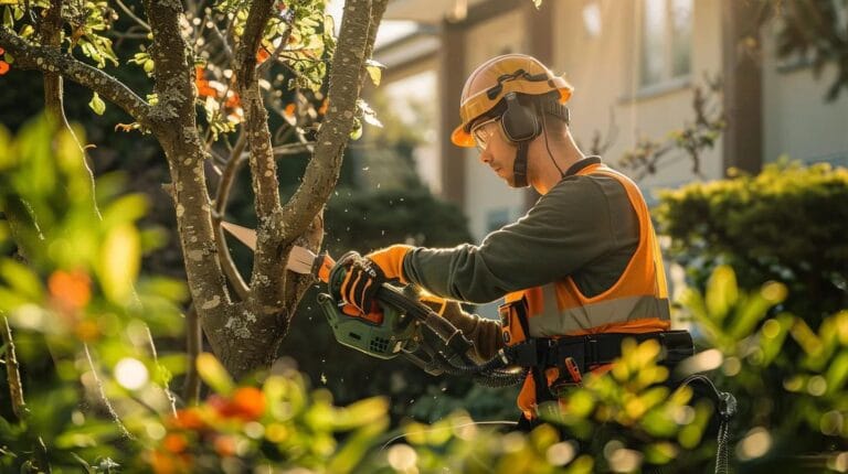 a skilled arborist operates precision tools on a well-maintained urban property, surrounded by neatly pruned trees, showcasing the best practices of late summer tree pruning in a clean, organized outdoor workspace.