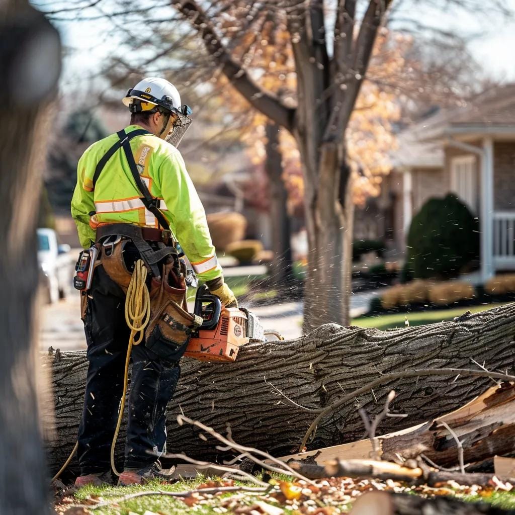 Professional arborist assessing a fallen tree for emergency removal services