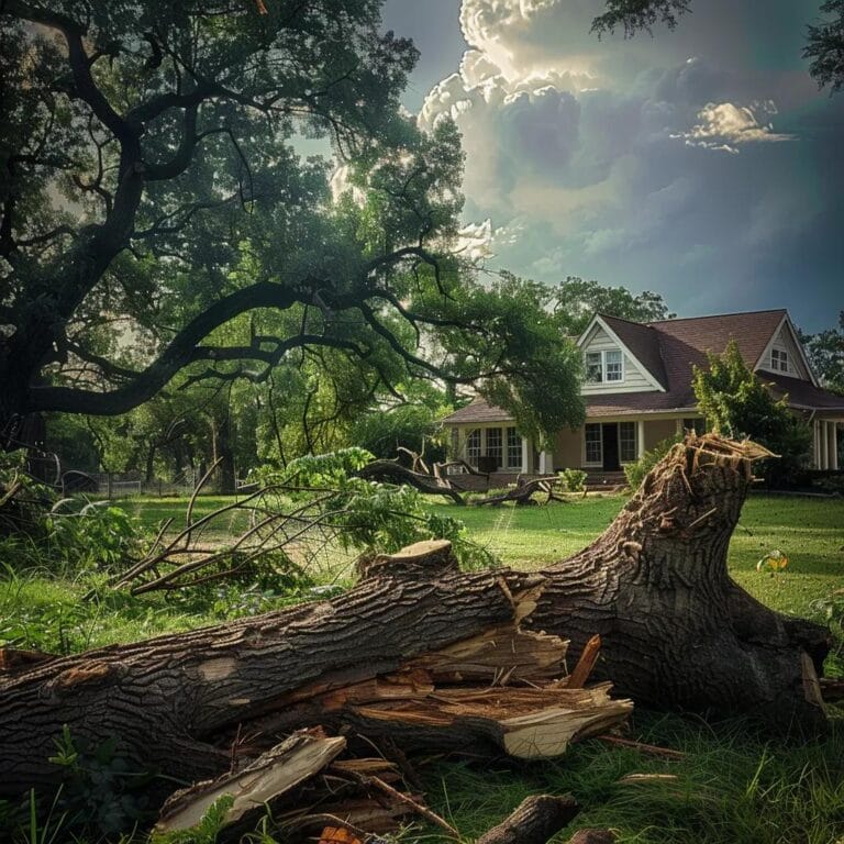 Fallen tree in a yard after a storm, illustrating storm damage and cleanup needs