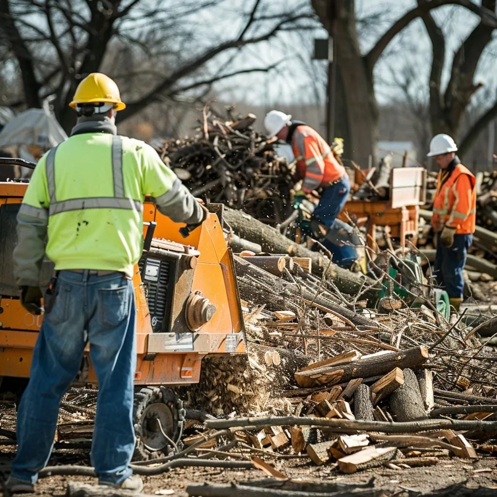 Tree service crew recycling storm debris into mulch, showcasing eco-friendly practices
